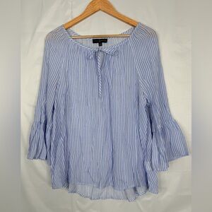 Fred David Blue White Striped Boho Top Medium Tie Neck Bell Sleeve Hi Low